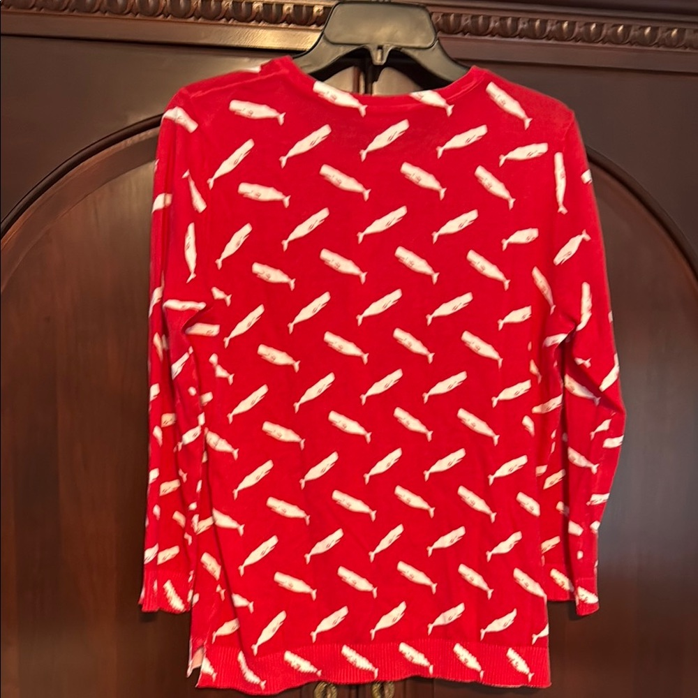 LOFT Red Cardigan with White Whale Pattern - Picture 3 of 3